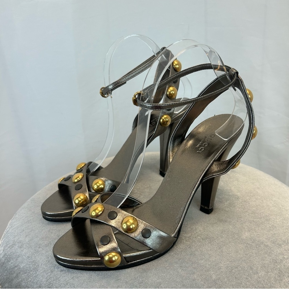 Gucci dark gray metallic chrome gold studded strappy high heel sandal pumps 39